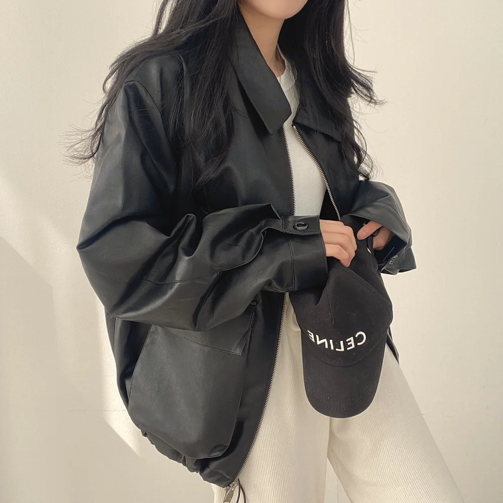 Women Casual Faux Leather Short Jackets Y2k Drawstring Hem Turn Down Collar Long Sleeves Dual Zipper Loose Jacket 2025 Autumn - Image 4