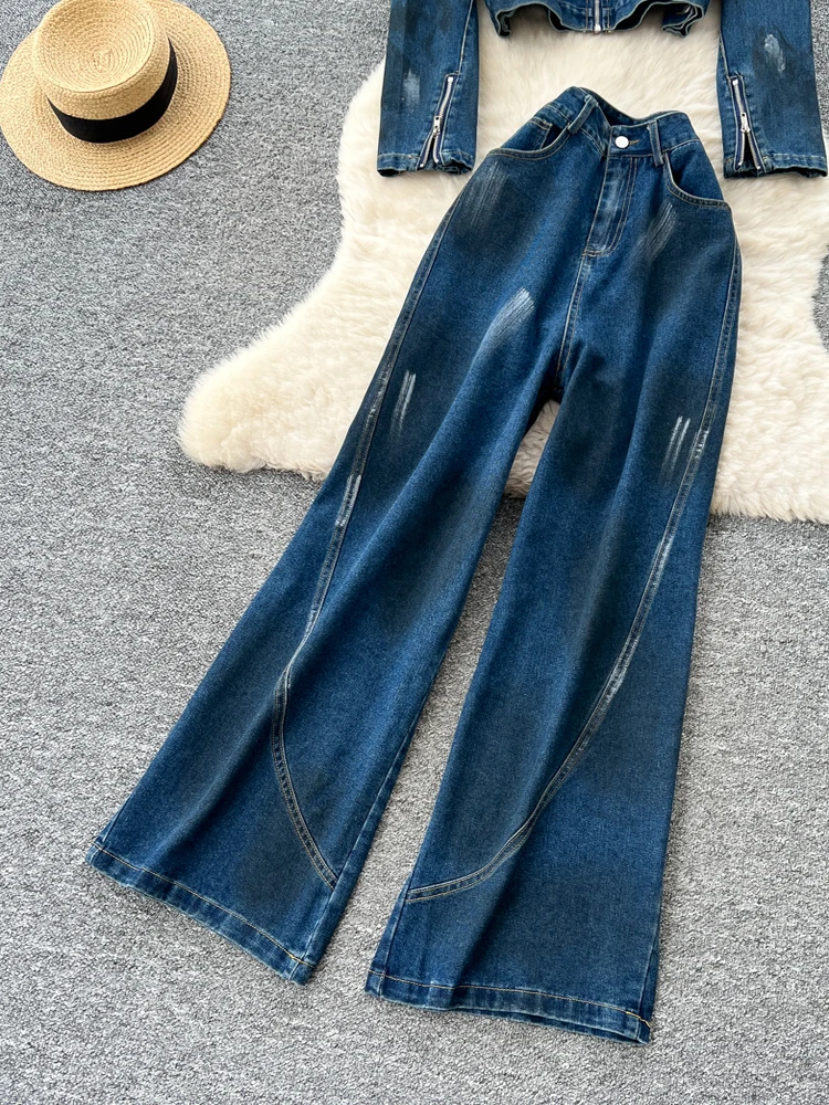 Conjunto de Jeans de Cintura Alta com Corte Reto e Jaqueta de Denim de Manga Curta para Mulheres, Estilo Casual de Outono