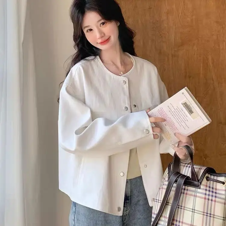 Spring Autumn 2026 New Style White Hong Kong Style Casual Baseball Jacket Short Outerwear Popular  Size Jacket for Women
