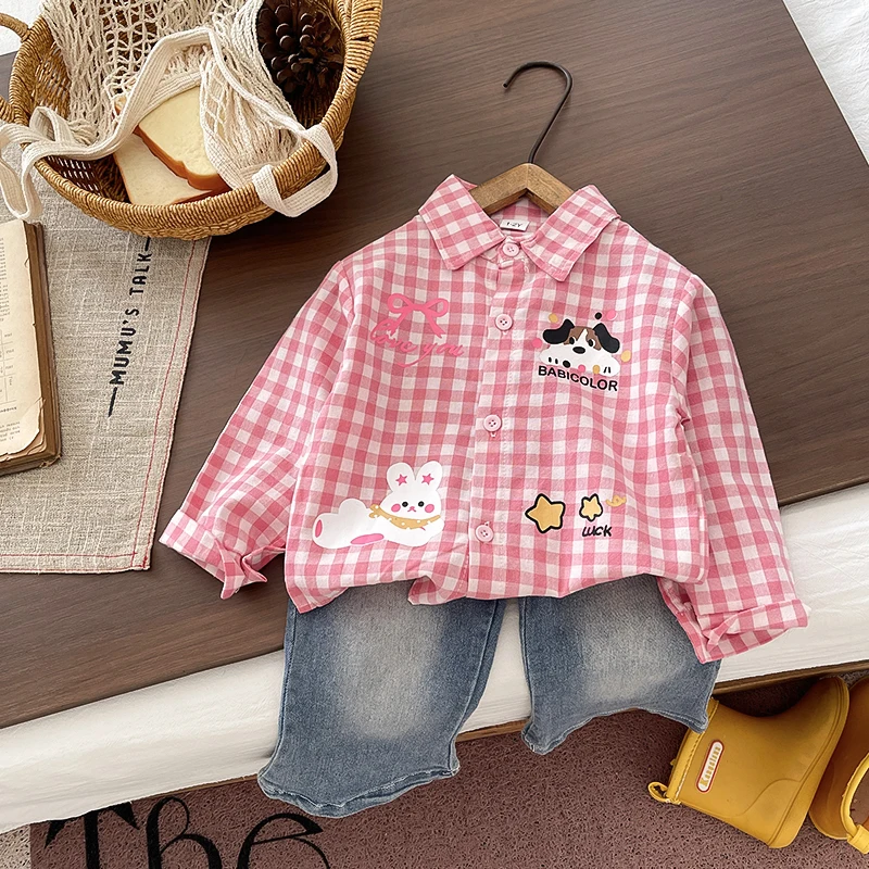 Baby Kleinkind Mädchen 2-teiliges Freizeitoutfit Rosa Kariertes Langarmhemd Cartoon-Print Denim-Jeanshose Frühling Herbst Kinderkleidung – Detail 1