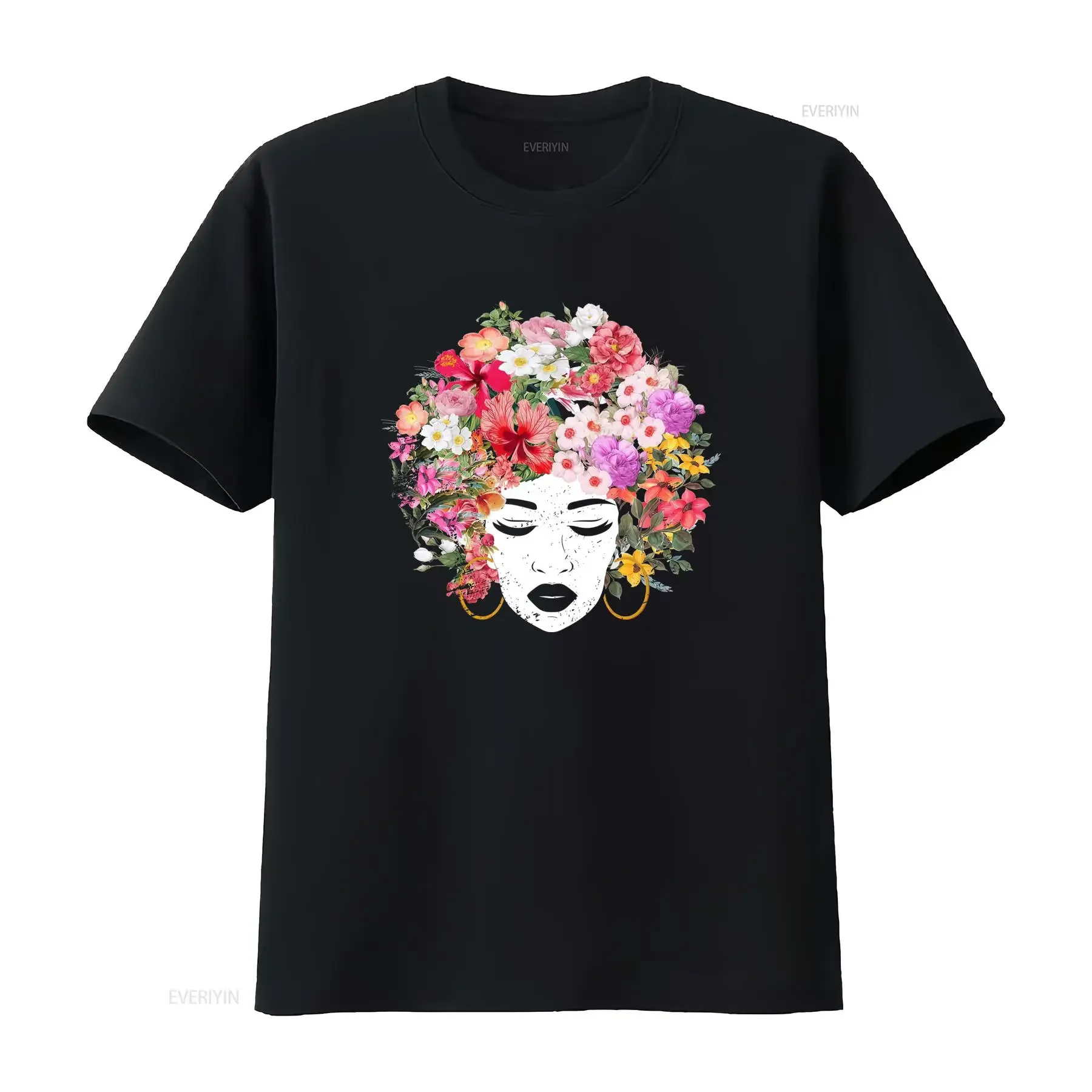 Afro T Shirt Natural Curly Black Hair Floral Flowers Pride  vintage Washed Comfortable graphic Top For Everyday Wear Stretched