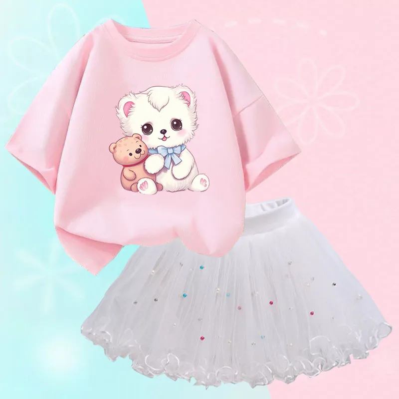 Toddler Girl Two Pieces Set Clothes Summer Short sleeve t shirt and Tutu skirt kids suit Students Kawaii Outfits for Birthday