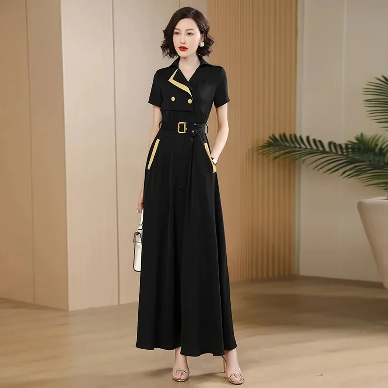 2023 Hepburn Style Summer Temperament High end Slim Fit Slim Covering Waistband High Contrast Color Dress Long Dress for Women