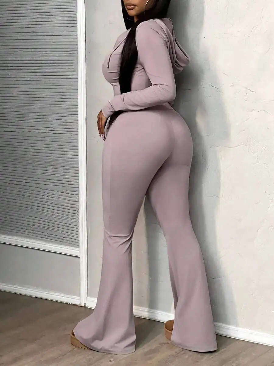 

Minimalist Casual Hooded Zipper Slim Jacket And High-Waist Split Flare Pants Set