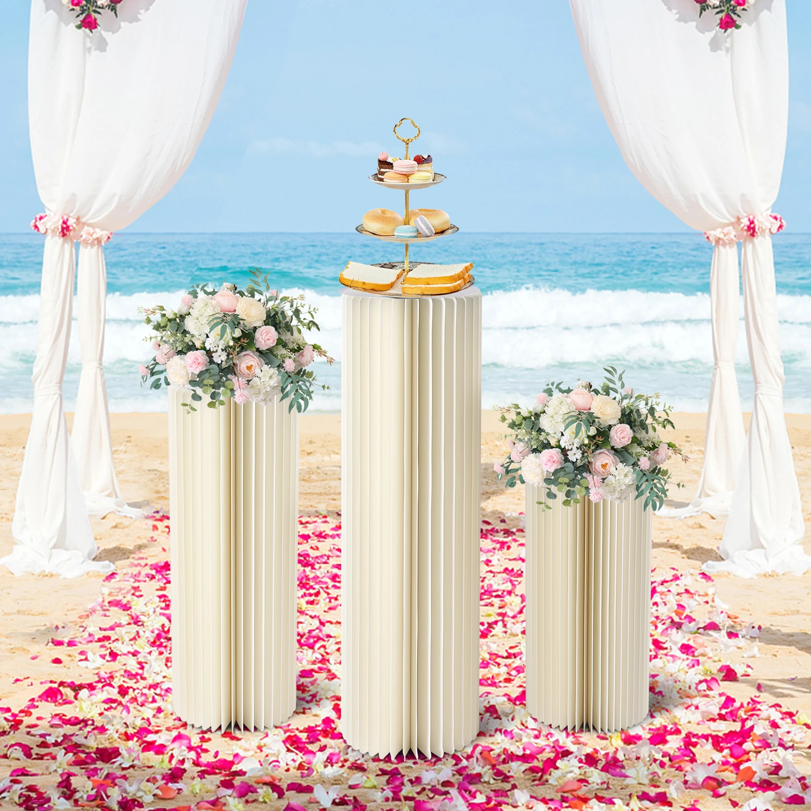 

Foldable Cardboard Centerpiece Display - 3 PCs Cylinder Flowers Stand Dessert Table Columns Display With Acrylic Lid Weddings