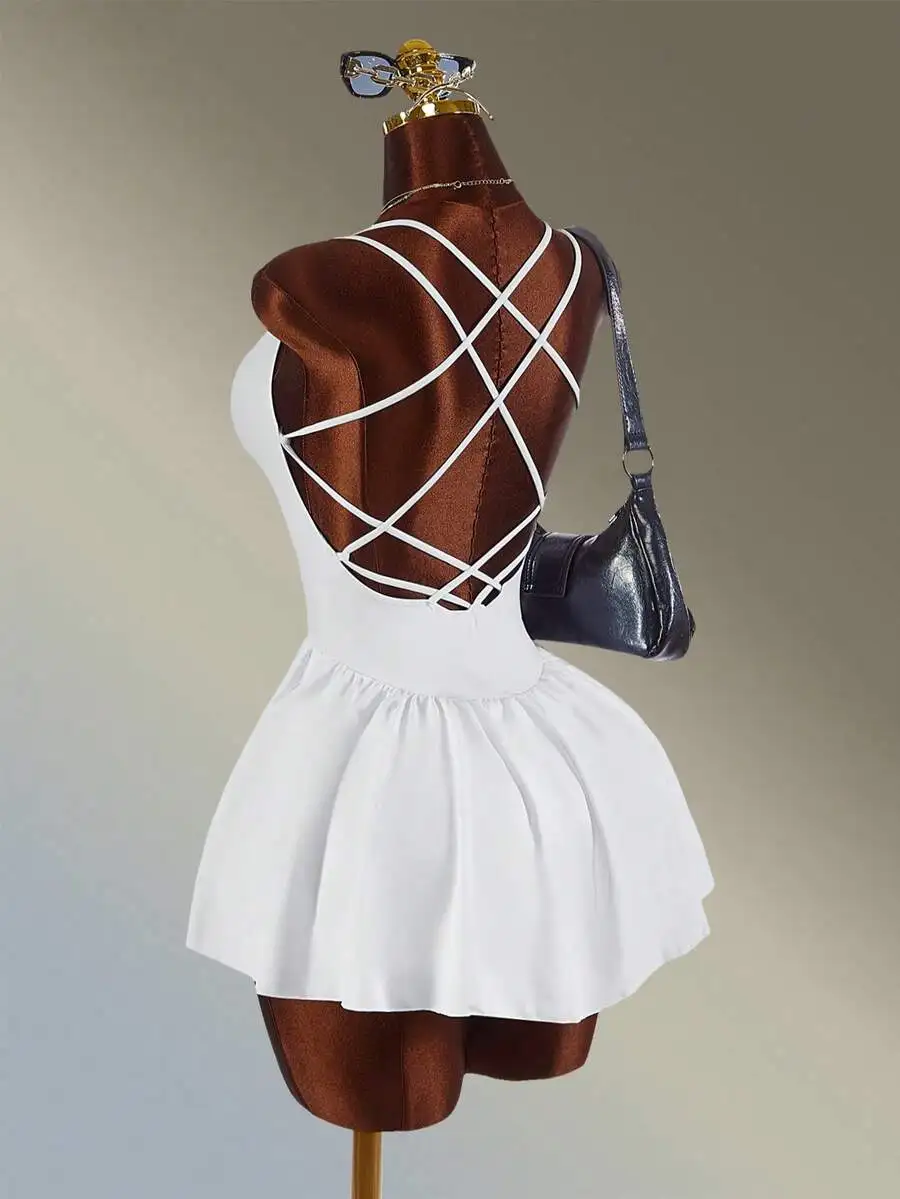 

Women White Backless Pleated Tennis Dress Casual Summer Sporty Minimalist