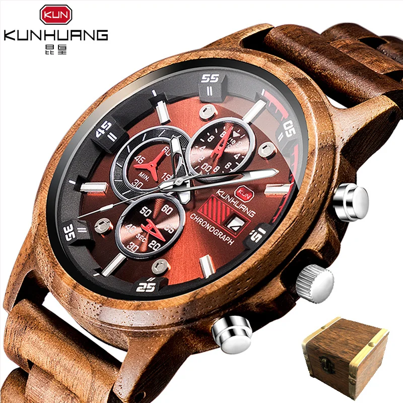 Men\'s Watch Natural Wood Watch Wooden Gift Box Handmade Wooden Quartz Movement Watch Chronograph Zebra Wood Case Watch reloj