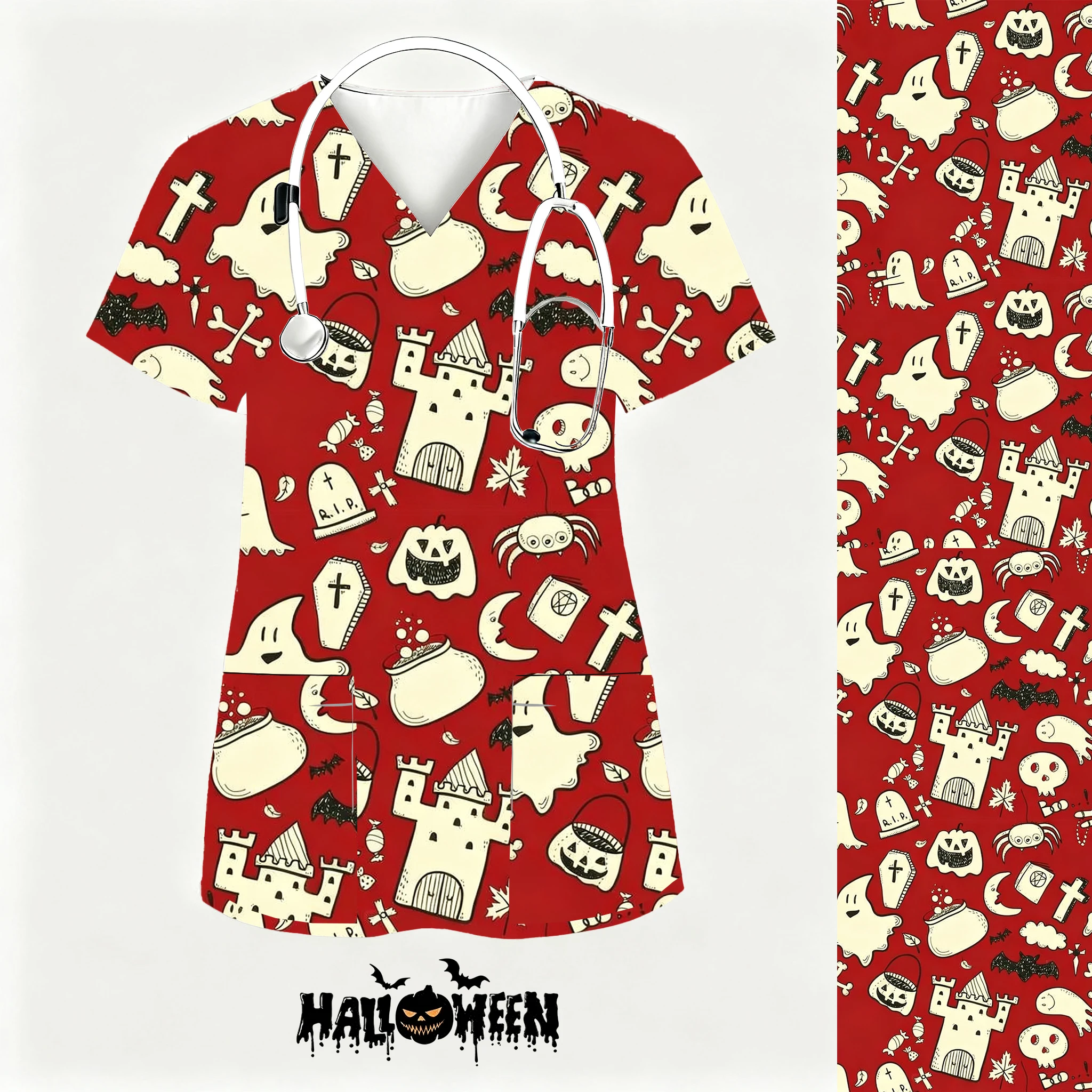 ชุดยูนิฟอร์มแพทย์หญิง The Nightmare Before Nurses เสื้อแขนสั้นแบบมีกระเป๋า ชุดสครับแพทย์หญิง ชุดยูนิฟอร์มทางการแพทย์