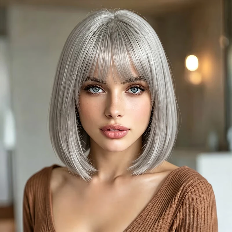 12-inch fringe synthetic silver-grey bob wig, natural-looking full-head wig for women