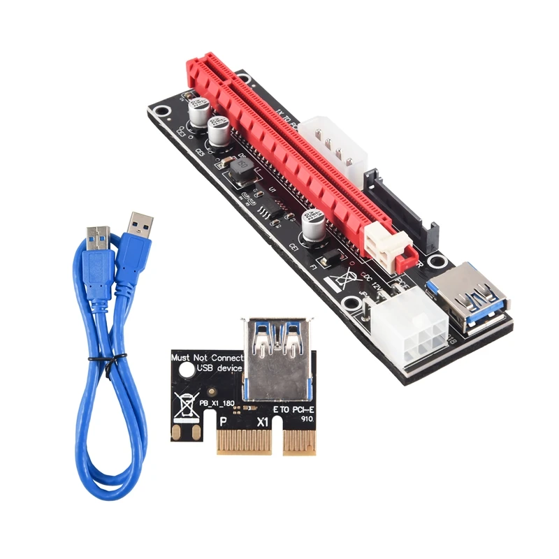 

12PCS VER103C 3In1 Power PCI-E Riser Card LED 4Pin 6Pin Sata 15Pin Express 1X To 16X 60CM Extension Cable For Bitcoin