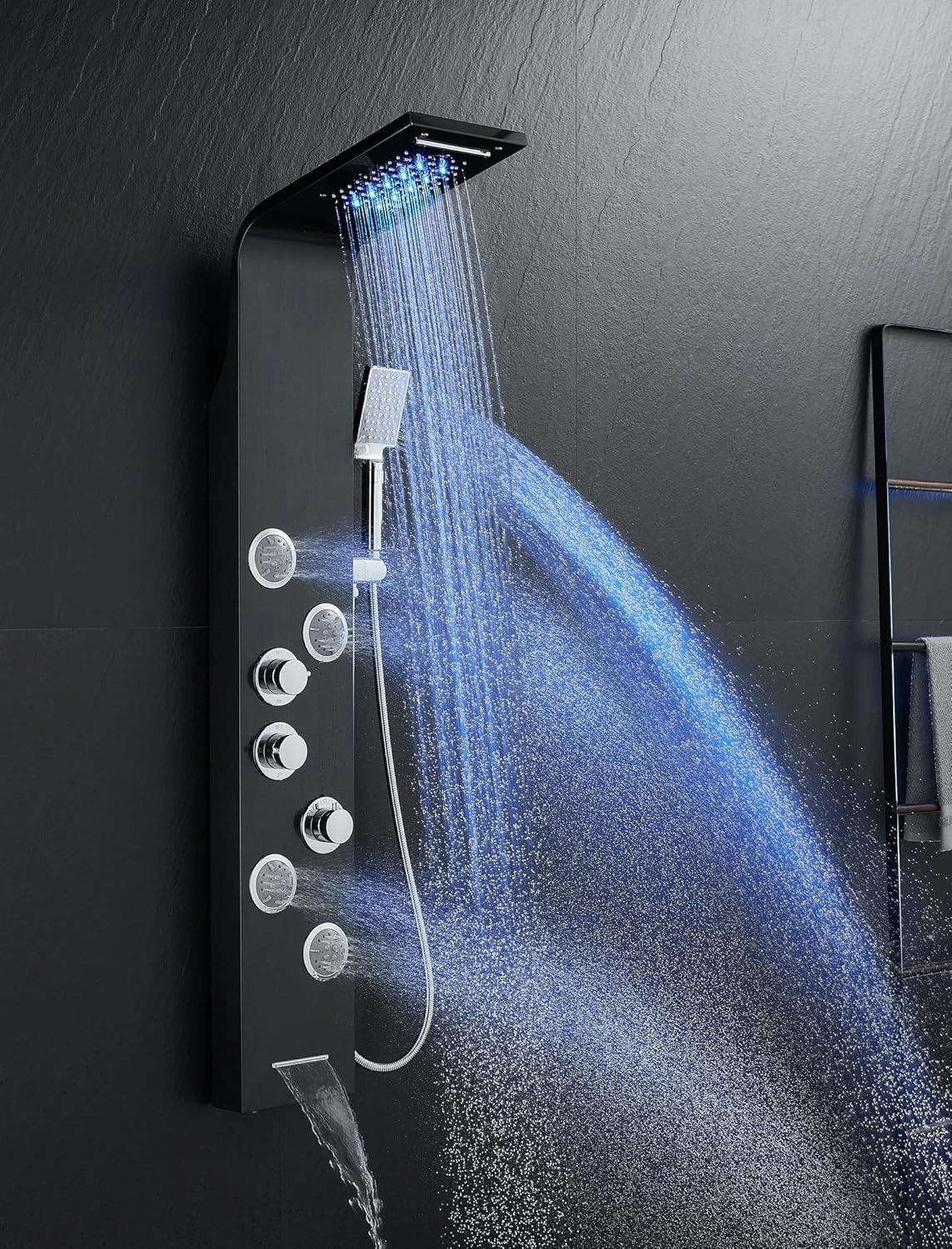 Shower Tower System with Hydroelectricity LED Lights and Display, 5 in 1 Shower Tower with Rainfall & Waterfall Shower Head