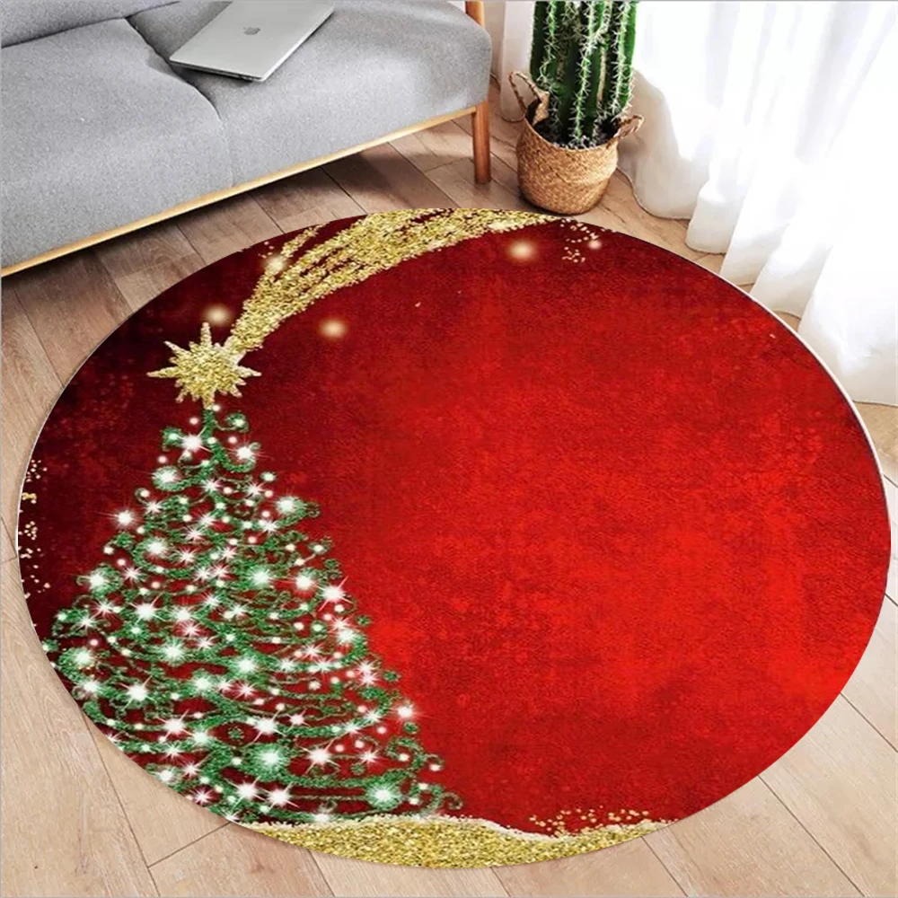 Christmas Tree Print Round Rug – Soft Comfortable Gold Holiday Carpet for Living Room & Bedroom Christmas Decor
