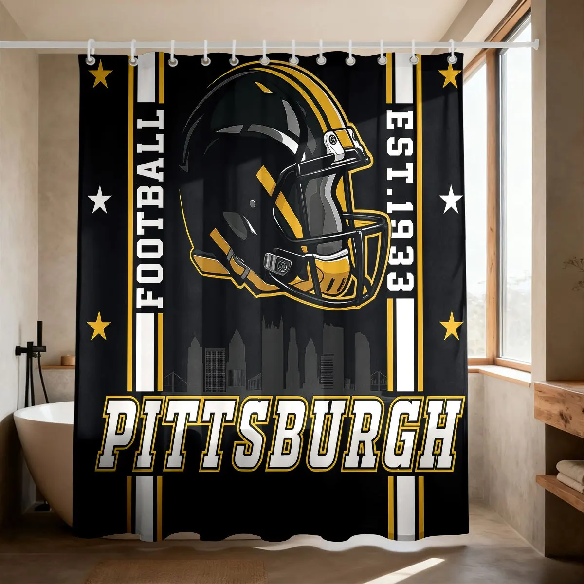 American Football Helmet Shower Curtain, Vintage Sports Decor Waterproof Bathroom Curtain Black Gold Team Style Home Bath Screen