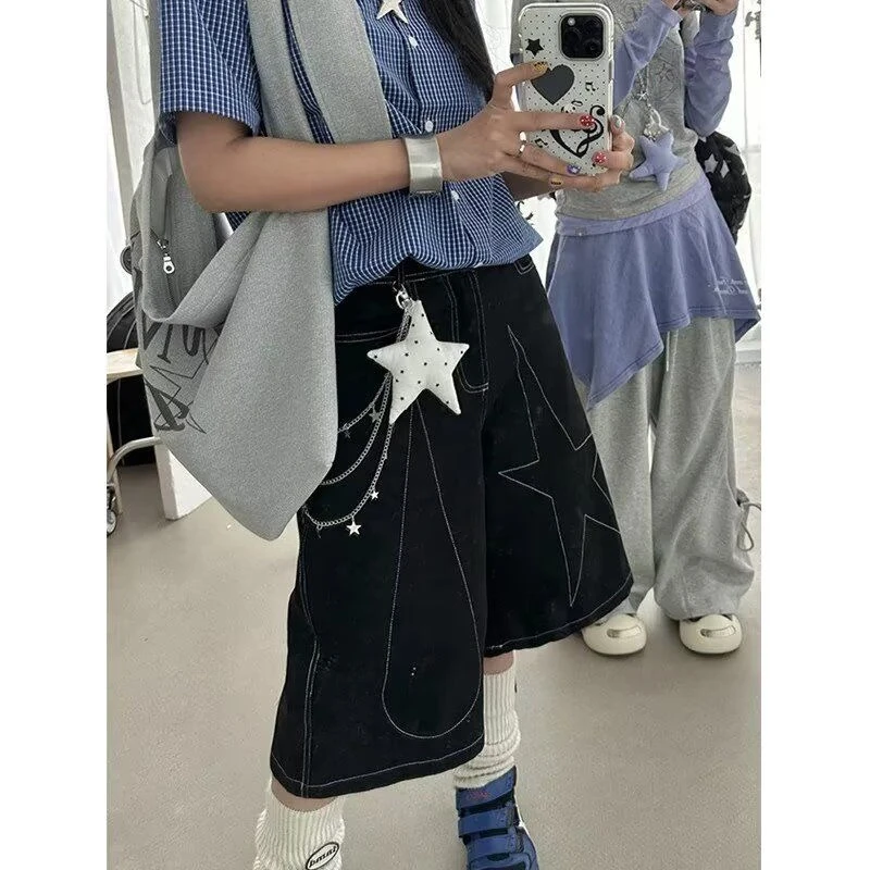 

HOUZHOU Vintage Star Embroidery Denim Shorts Women Y2k Harajuku Baggy Black Washed Jorts Casual Streetwear Wide Leg Short Jeans