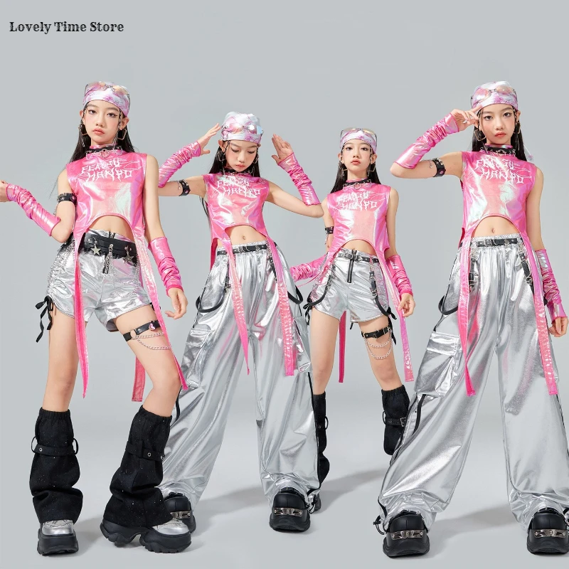 Hip Hop Girls Sweet Shiny Crop Top Silver Cargo Pants Kids K-pop Jazz Dance Clothes Sets Children Streetwear Girl Group Costumes