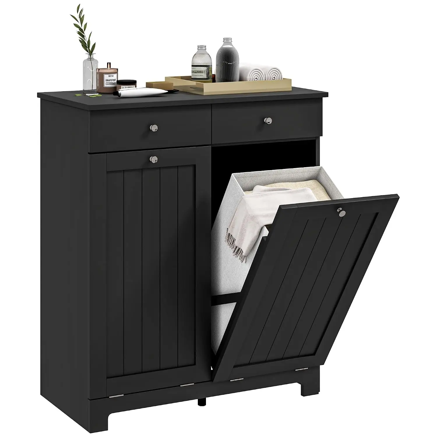 Laundry Cabinet with 2 Removable Baskets & Tilt Out Hamper, Black, Customized