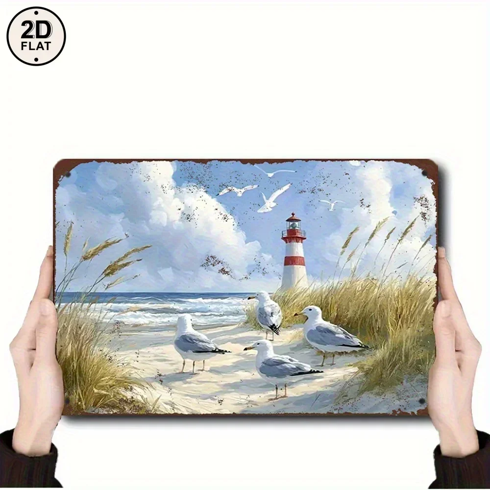 Vintage Coastal Lighthouse Metal Wall Art – Rustic Beach  Sign for Bathroom, Bar, Patio or Beach House Decor, 8x12 Inch