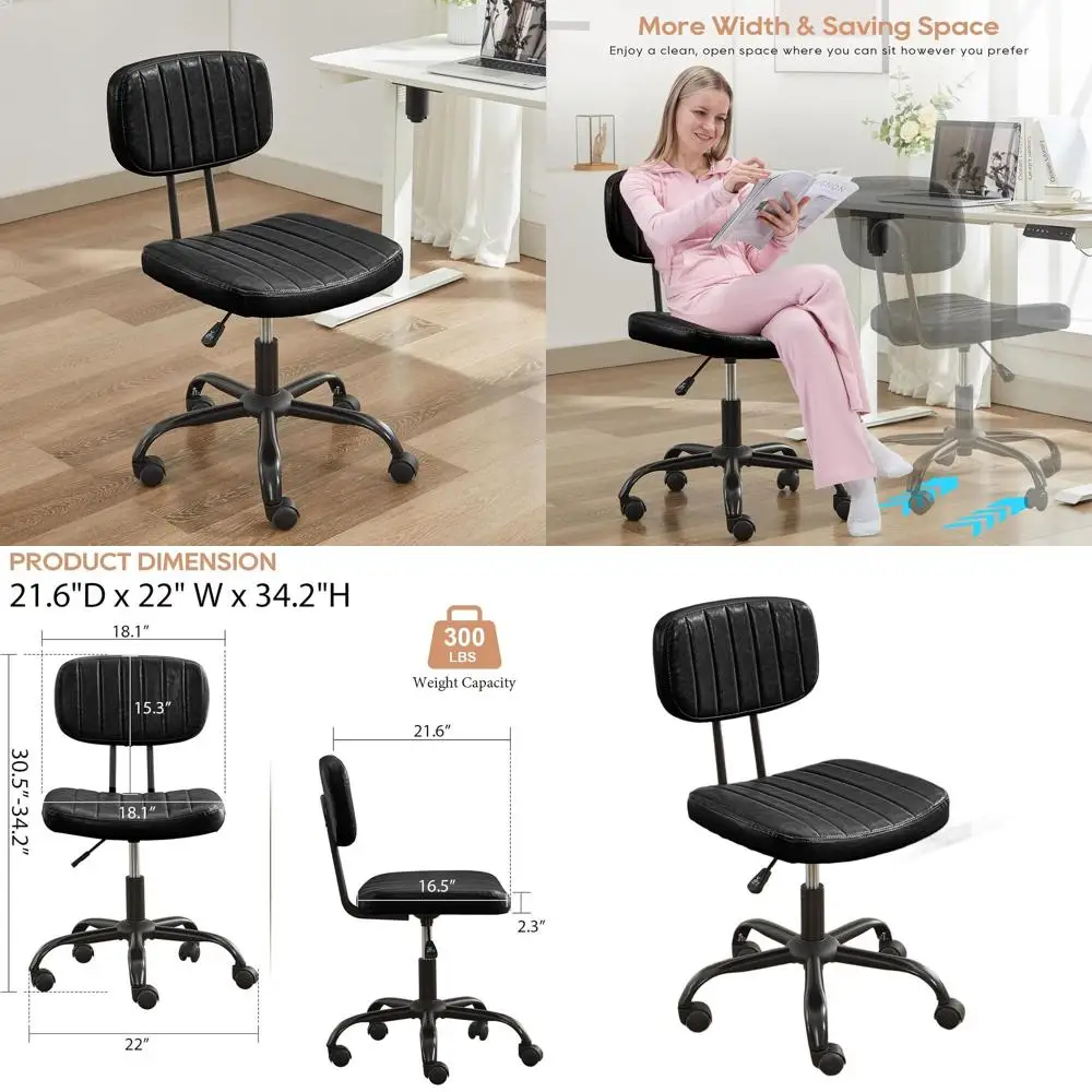 

Compact Ergonomic Swivel Chair with Adjustable Height, Armless Desk Chair for Small Spaces, PU Leather, Black