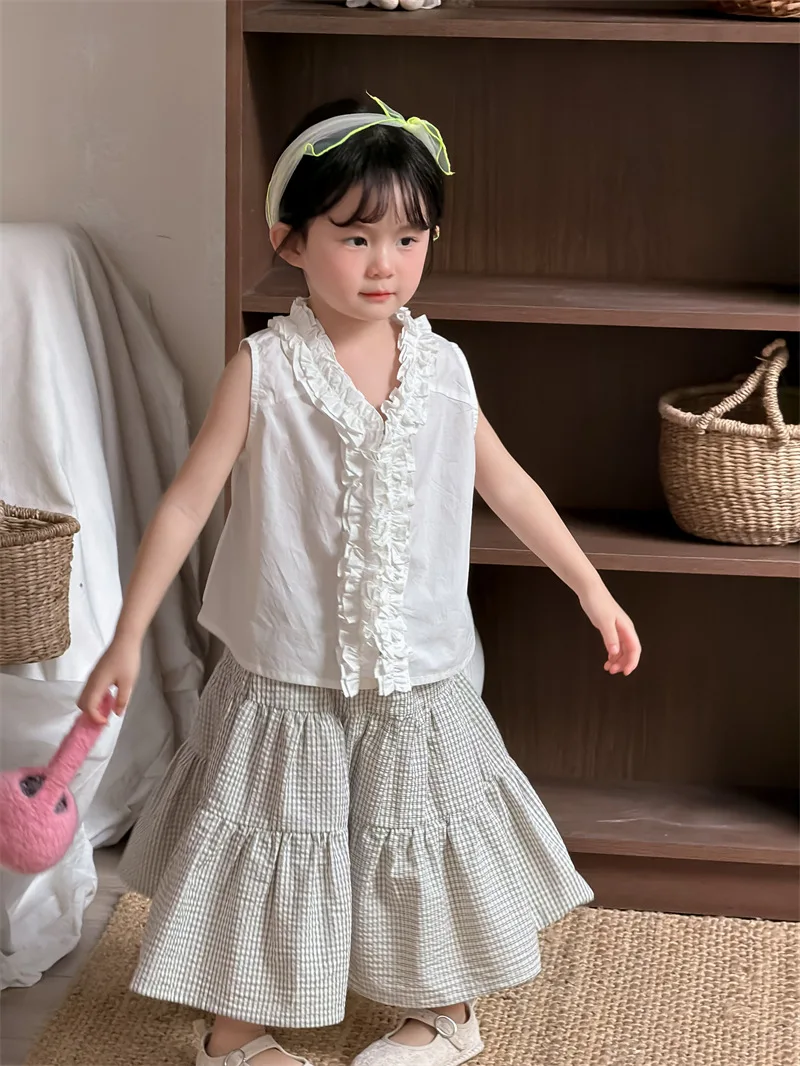 2026 New Summer Baby Girls Plaid Shirts Ruched Sleeveless Tops Korean Style Toddlers Kids Chic Blouses  1-6 Years view 6