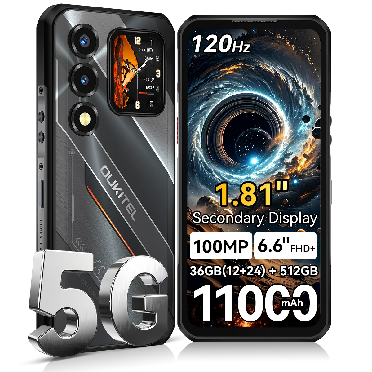 Ultradünnes Outdoor-Handy Oukitel WP66, Hauptbildschirm + Zusatz-Nebendisplay, 36GB(12+24) RAM+512GB ROM, Dimensity 7000 5G-Chip, 6,6" FHD+ 120Hz-Display, 11000mAh Akku, 100MP Kamera, 33W