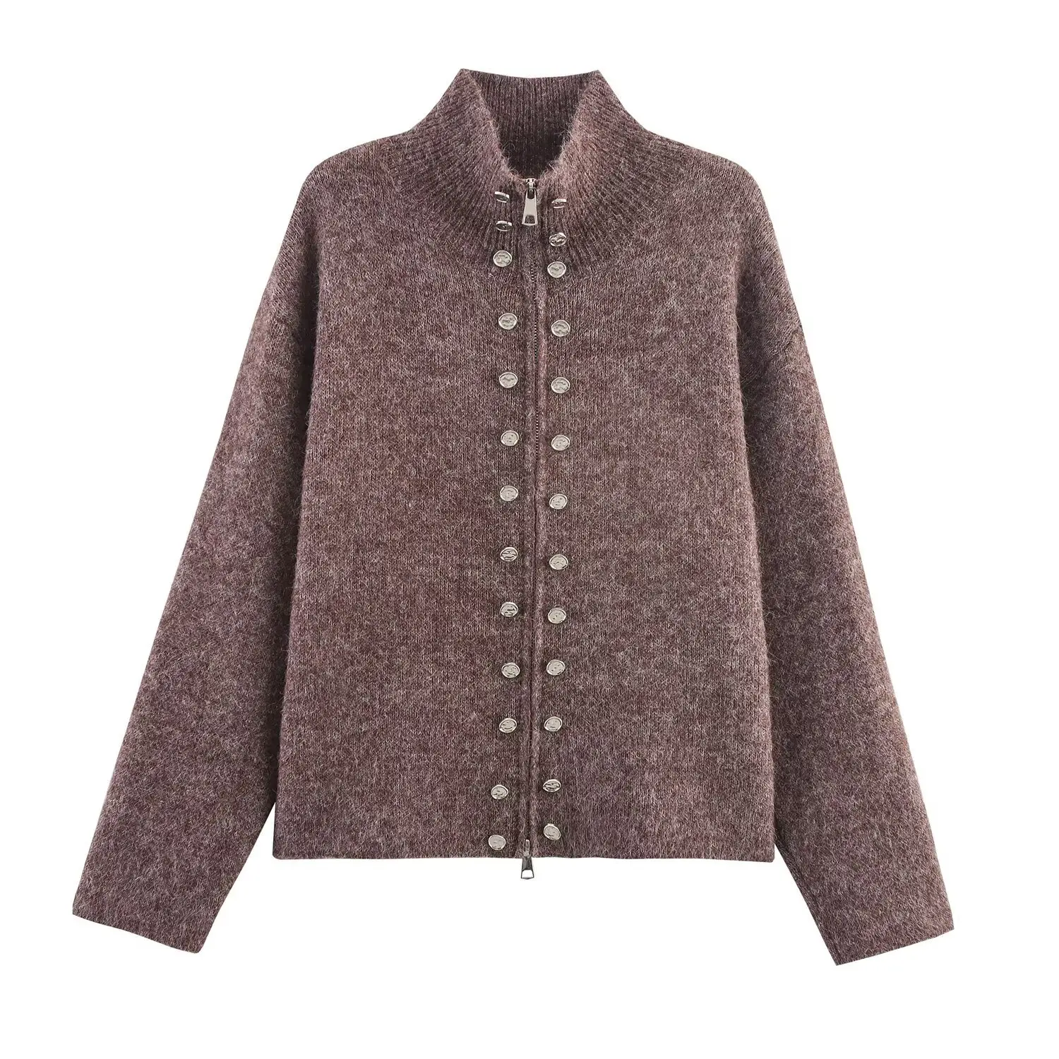 

Autumn lazy style double-breasted stand-up collar zipper sweater cardigan retro loose temperament knitted jacket