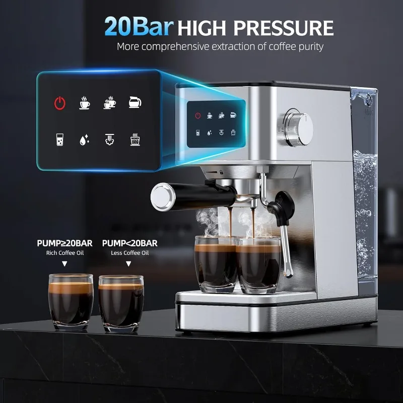 Espresso Machine, 20 Bar Espresso Maker, Milk Frother Steam Wand for Latte, with 57.5oz Water Tank and LED Touchscreen Monitors