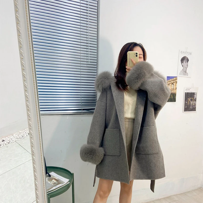 2024 Casual Winter Cashmere Coat Women Real Fur Coat Mid-length Wool Jacket Camel Black Outerwear Fox Fur Collar and Cuffs Belt