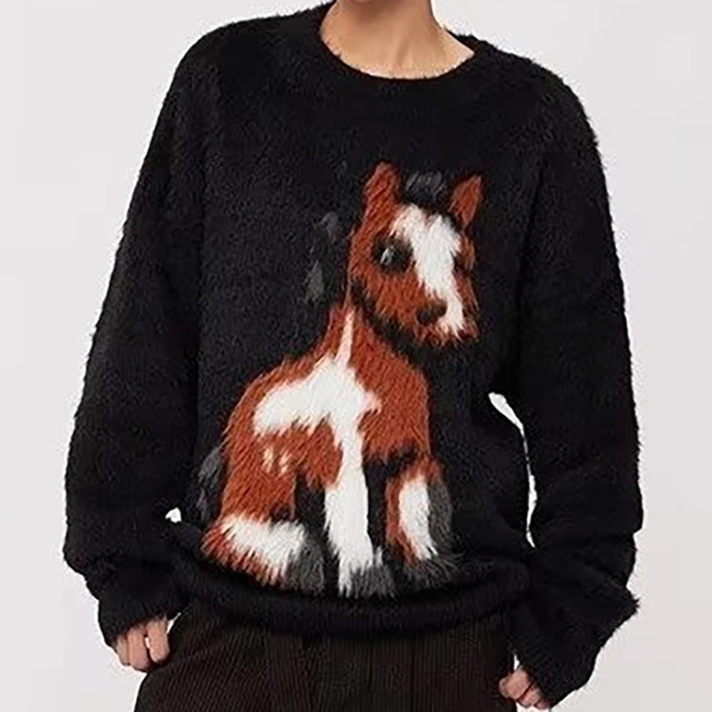 

Mink Hair Men's Sweater Knitwear Autumn Winter Cartoon Horse Round Neck Pullover Ugly Christmas Sweater Male Loose Oversize Knit
