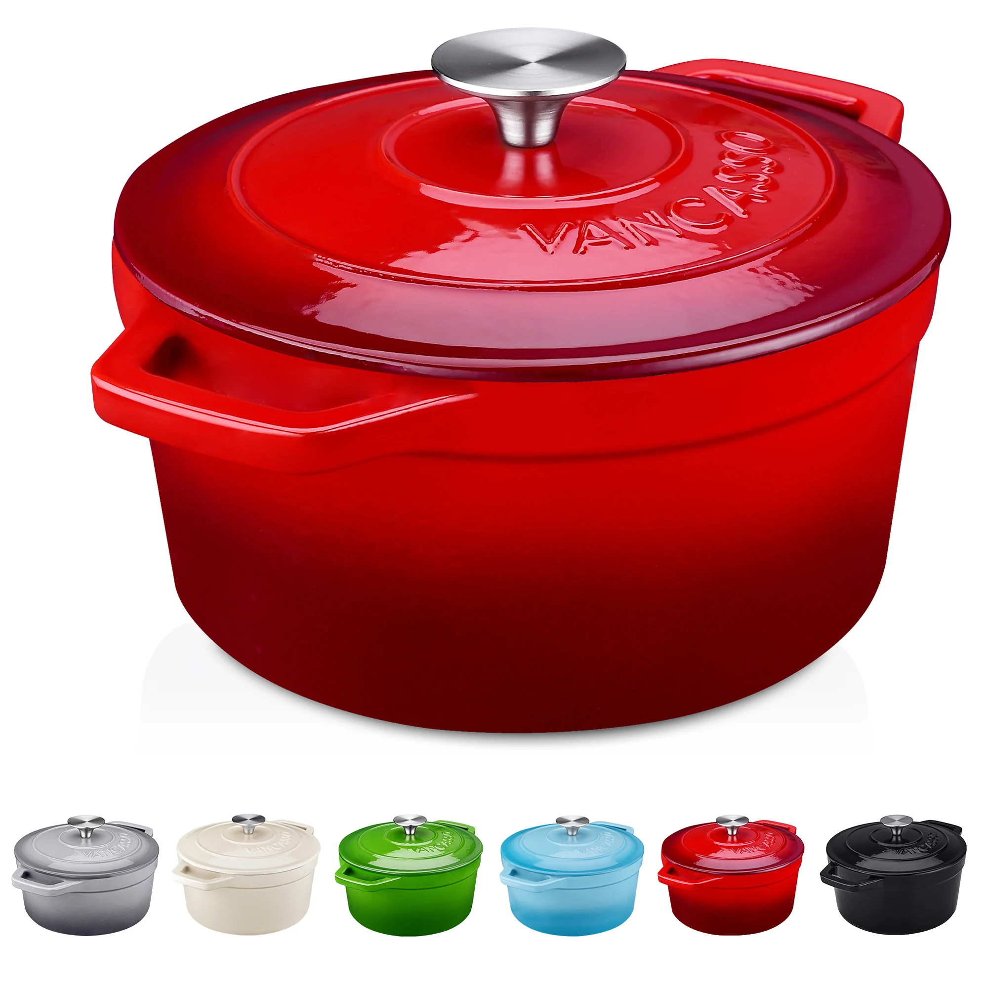 vancasso Dutch Oven 3L Cast Iron Pot with Stainless Steel Knob Lid, Naturally Non-Stick Enamelled Casserole 22cm 6 color Option