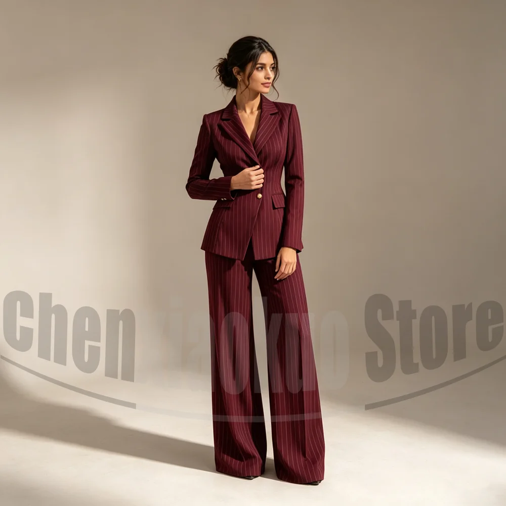 Women Striped Suit Set Single Breasted Blazer Wide Leg Pants 2 Piece Outfit Elegant Formal Office Business Party Female Tuxedo