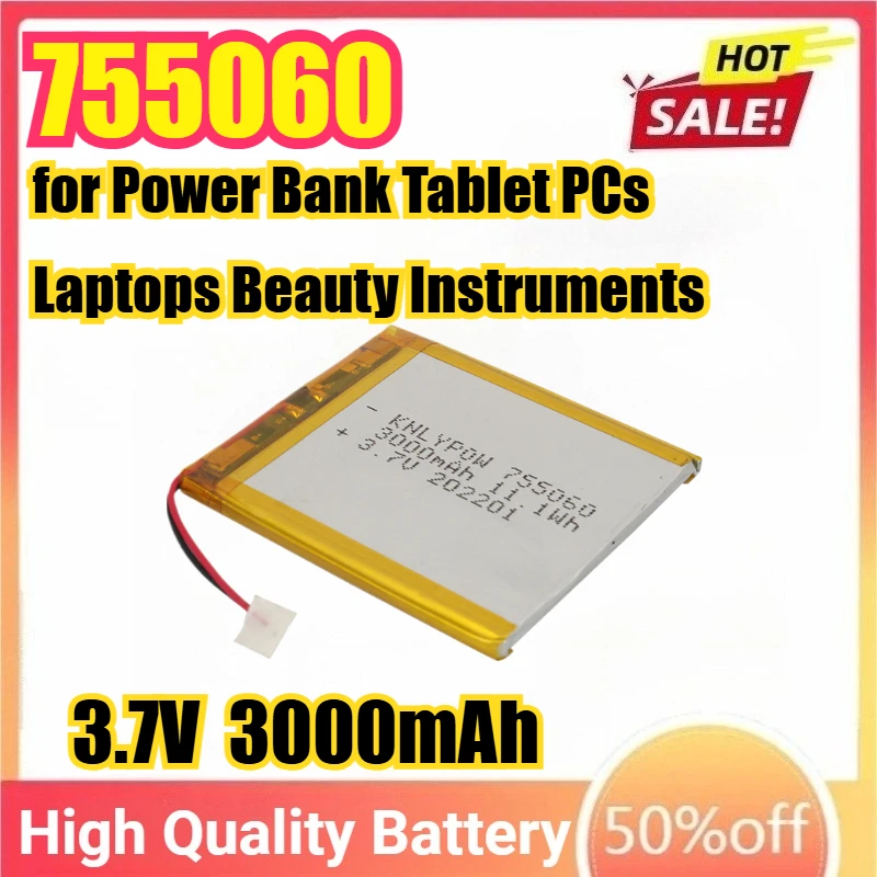 

3.7V 3000mAh 755060 Lithium Polymer Battery Lipo Li-Polymer Cells for Power Bank Tablet PCs Laptops Beauty Instruments
