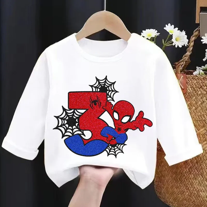 New Spider Children Long Sleeves T-shirts Cartoon Birthday Number Printed T-shirt Kids Casual Sport Tops Baby Boys Clothes view 2