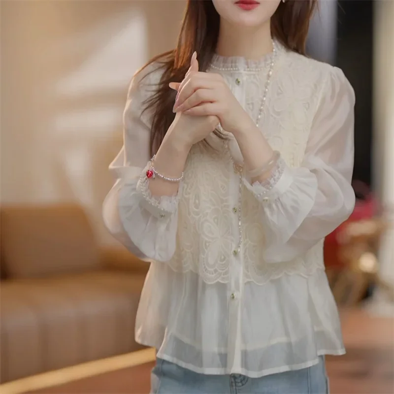 

New Fashion Lace Patchwork Shirt Women Autumn See Through Ruffle Casual Long Sleeve Single Breasted Blouse Office Lady Top