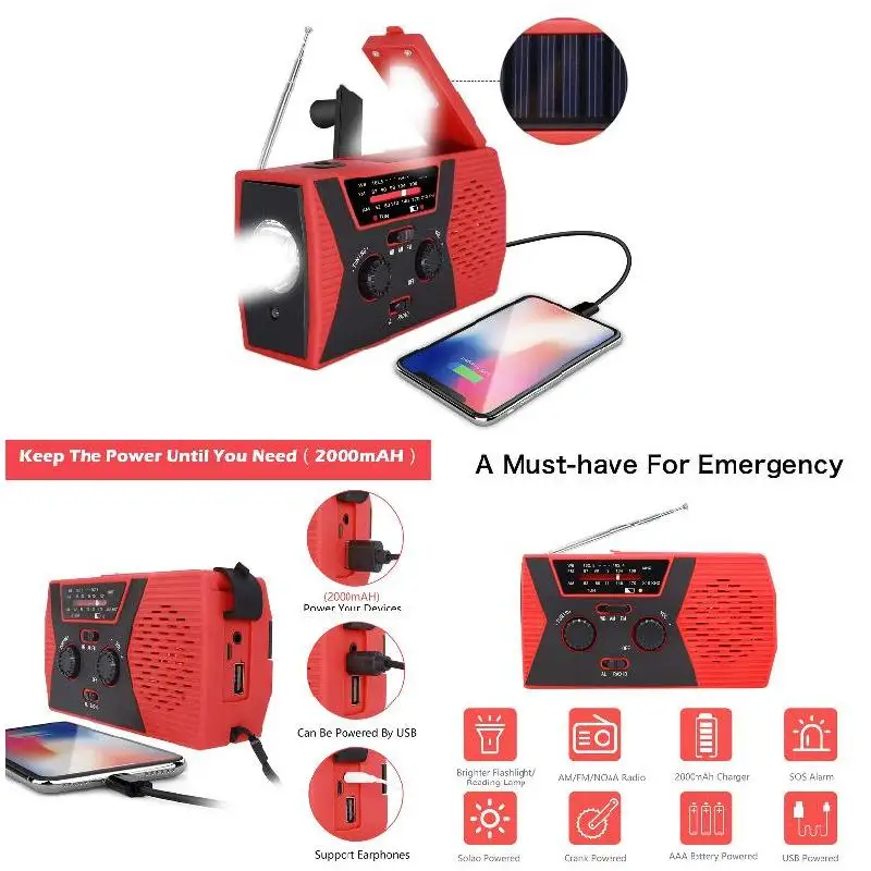 Radio engkol tangan surya darurat dengan AM/FM LED lampu baca Alarm SOS