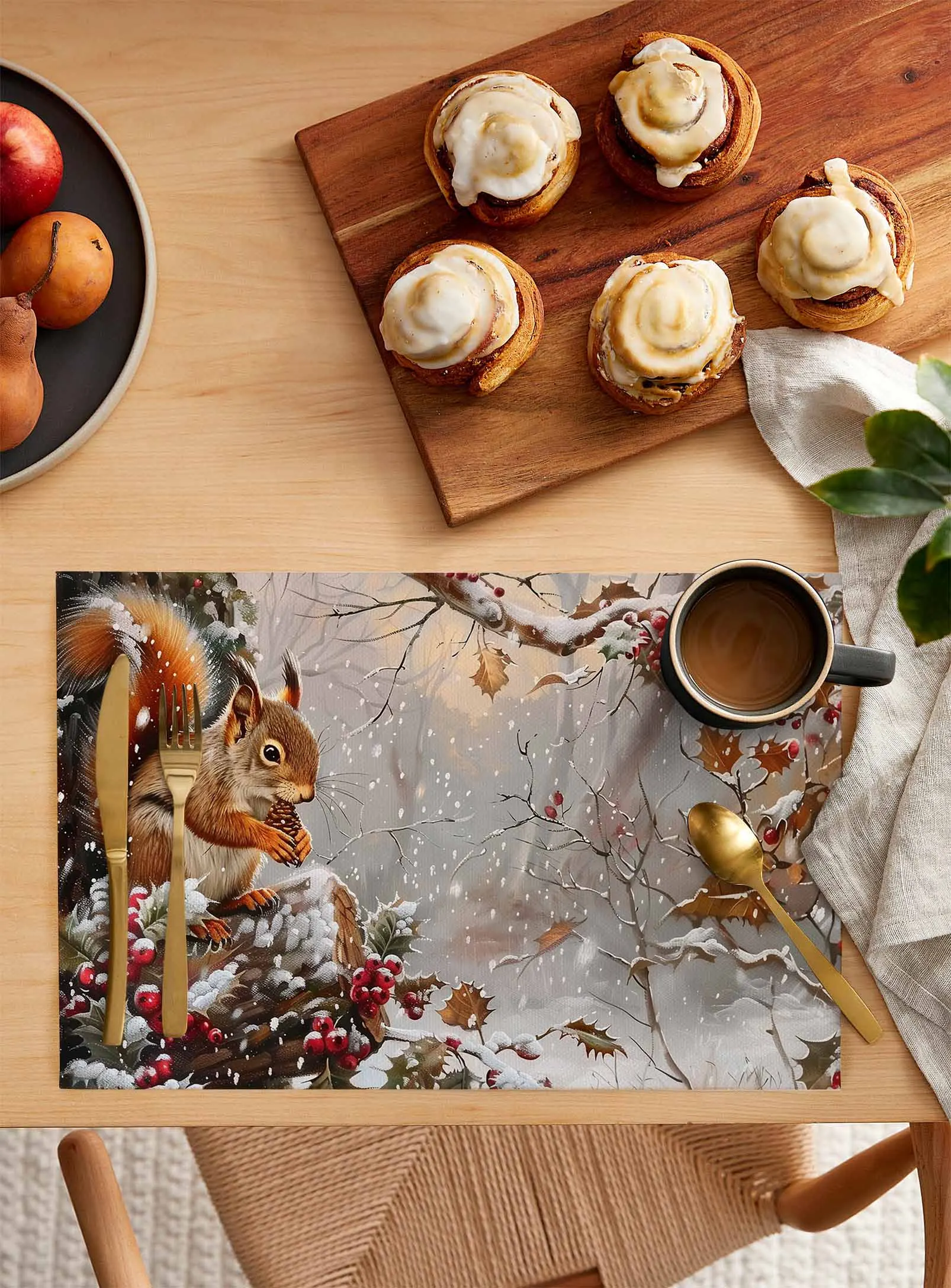 4PCS Christmas Winter Squirrel Berries Placemats Linen Dining Table Mats Coaster Bowl Coffee Cup Pad Mat Kitchen Home Decoration