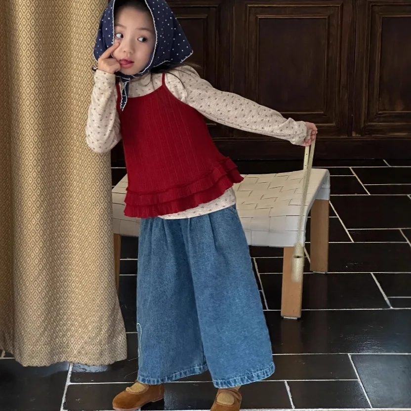 خريف 2025 طقم علوي كوري كاجوال بأكمام طويلة مكون من قطعتين بنطال ذو قصة أرجل واسعة طقم بناتي #1