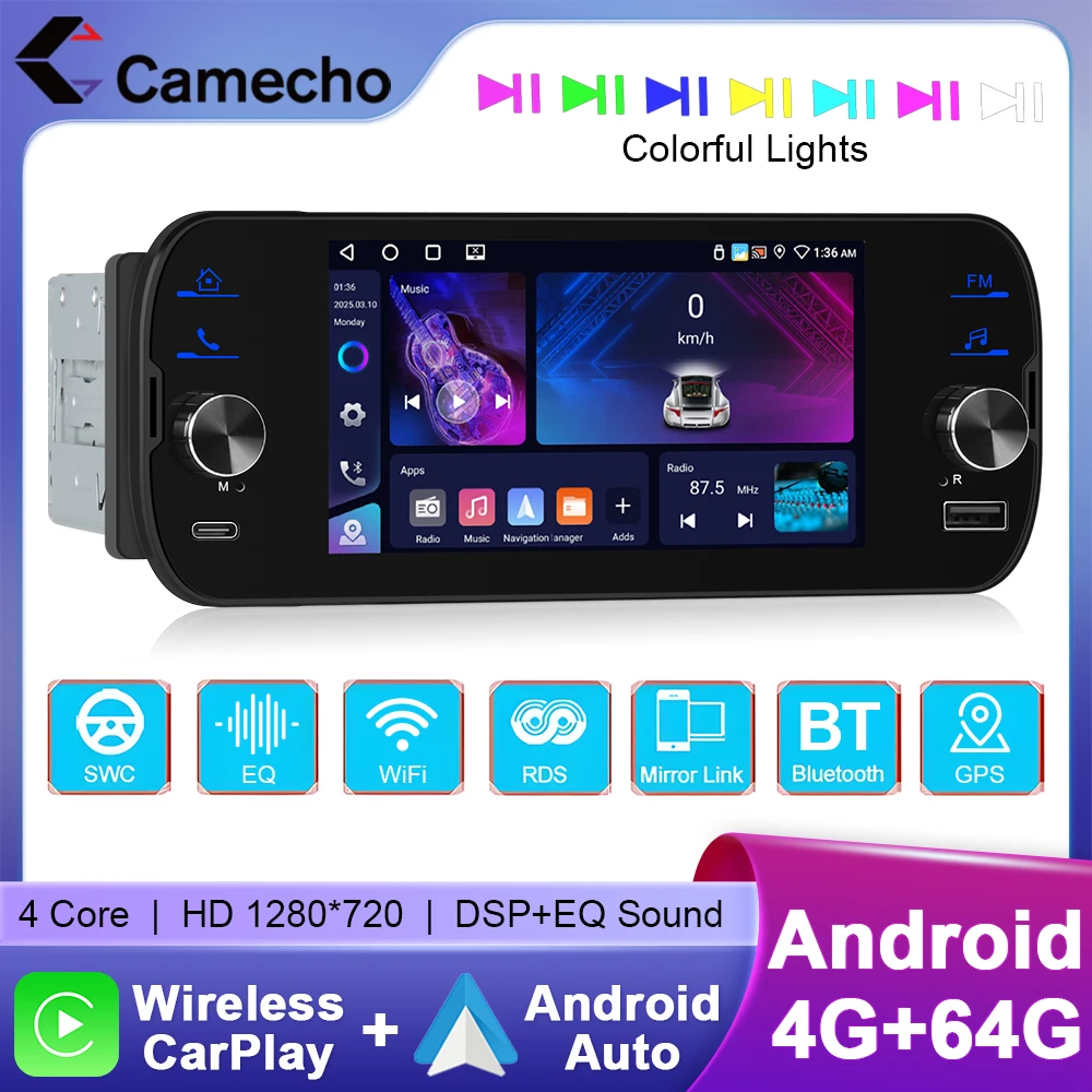 Camecho 4G + 64G Android Car Radio 1 Din reproductor Multimedia 5 "2.5D IPS pantalla GPS estéreo inalámbrico Carplay Android Auto Wifi RDS