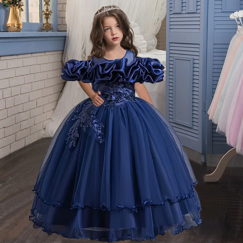 New Elegant Girl Party Dress Long Wedding Bridesmaid Dress 4-13 Year Old Mesh Embroidered Graduation Ball Evening Dress