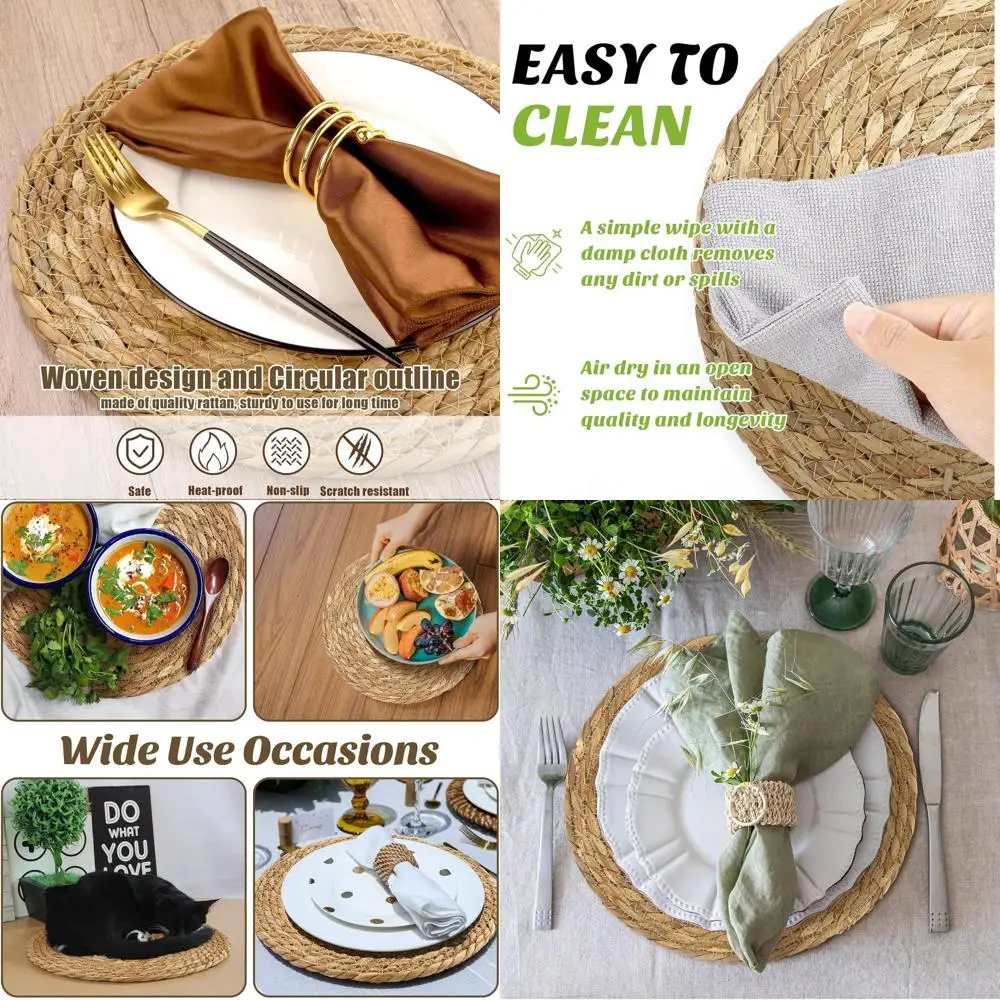 

Natural Handwoven Bulrush Bohemian Rattan Tablemats, 24-Piece Set, 13.8 Diameter, Perfect for Home Dining Tables