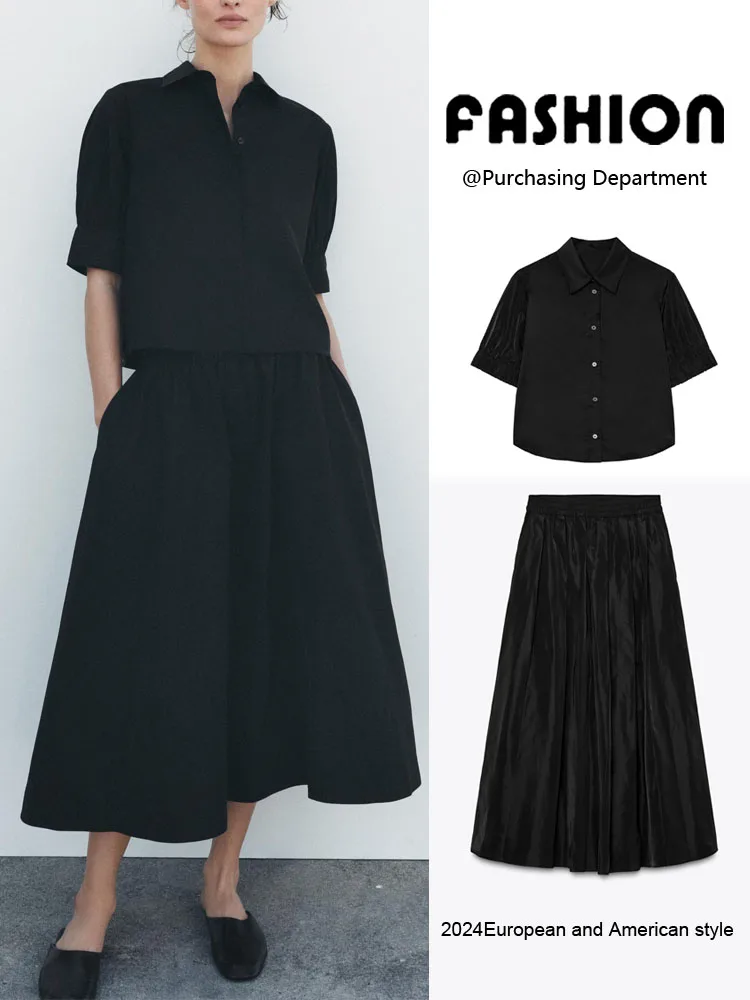 

Spring New Arrival Women's Collar irt High Waist Midi Skirt Two Piece Set ort Sve Long Pants Faionable Outfit