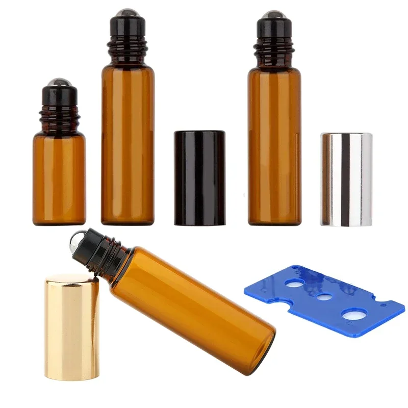 100Pcs Essential Oil Roller Bottles Empty 1ml/2ml/3ml/5ml/10ml Amber Glass Roll-on Bottle Stainless Steel Balls For Aromatherapy