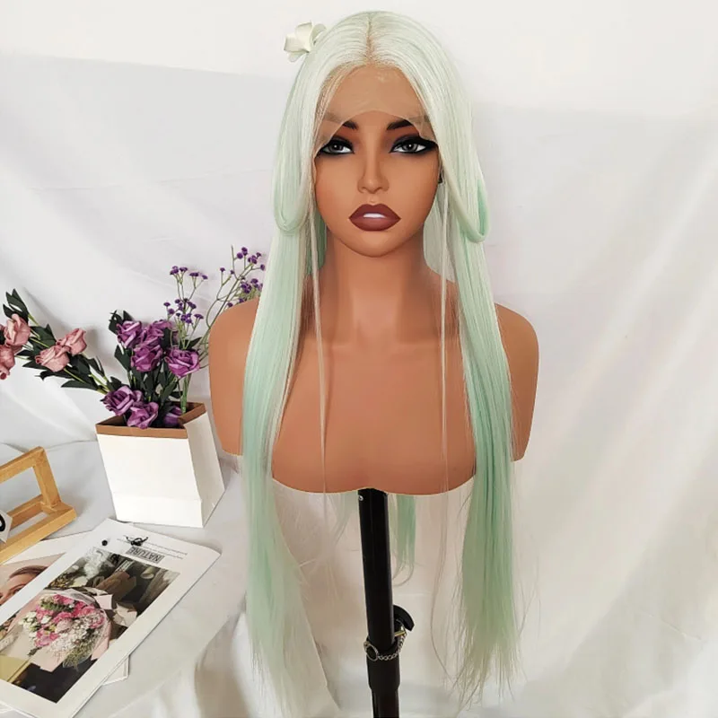 26インチ ナチュラルブラックカラー ロングルーズウェーブ 13x4 レースフロントウィッグ 合成ミントグリーン グルーレスフロントレース交換用ウィッグ