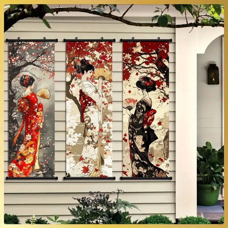 VIKAMA Geisha in Kimono Vintage 3 Piece Wall Scroll Tapestry Set Ukiyo-e Maple Leaf Poster Wall Decor for Living Room Bedroom