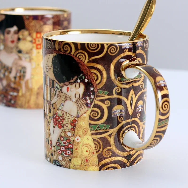 Klimt Kiss Porcelian Mugs Coffee Cups With Spoon Gustav klimt Bone china Wedding Birthday Present Office Drinkware