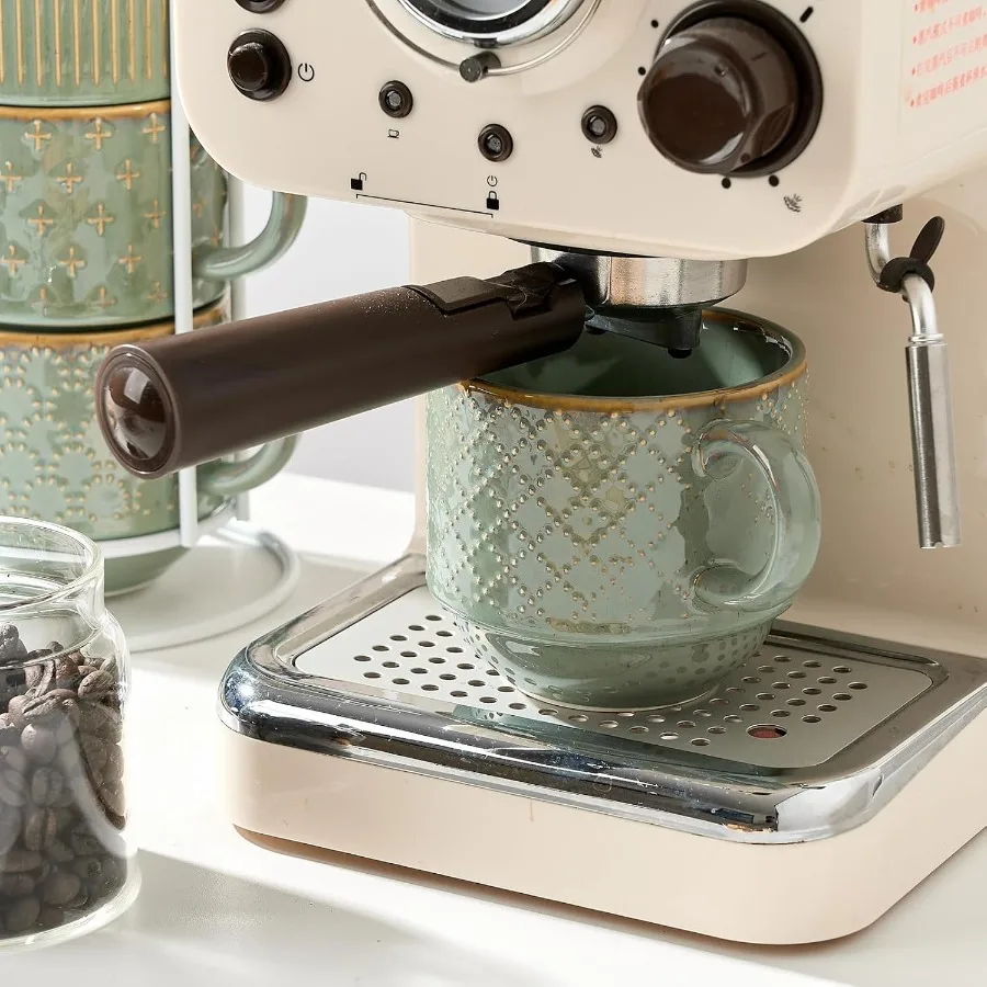 Grande caneca de café cerâmica conjunto de 4 com suporte 15 oz empilhável gravação com nervuras latte copo conjunto para cappuccino latte chá cacau quente