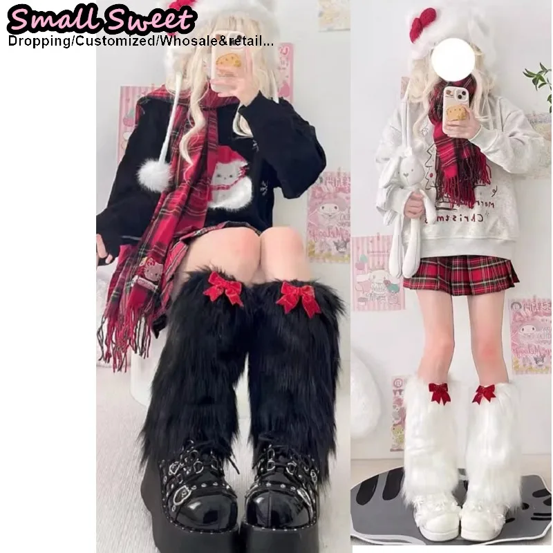 

Готические рождественские чулки в стиле Лолиты Jk, женские Y2k, униформа для девочек, бархатные бордовые гетры с бантом, пушистые носки до икры, пушистые гетры