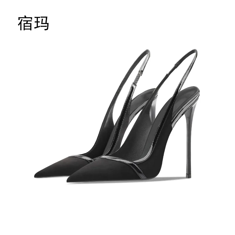 

Black suede high-heeled sandals, summer new style, shallow mouth, pointed toe, thin heel, party style, comfortable single shoe