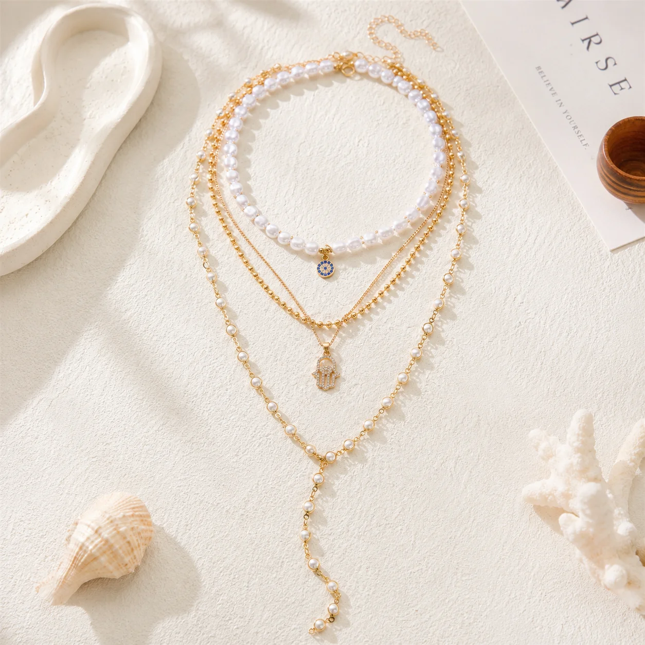 Resort Boho Layered Necklace Set for Women Gold Color Imitation Pearl Blue Evil Eye Hamsa Hand Pendant Beach Jewelry Gift