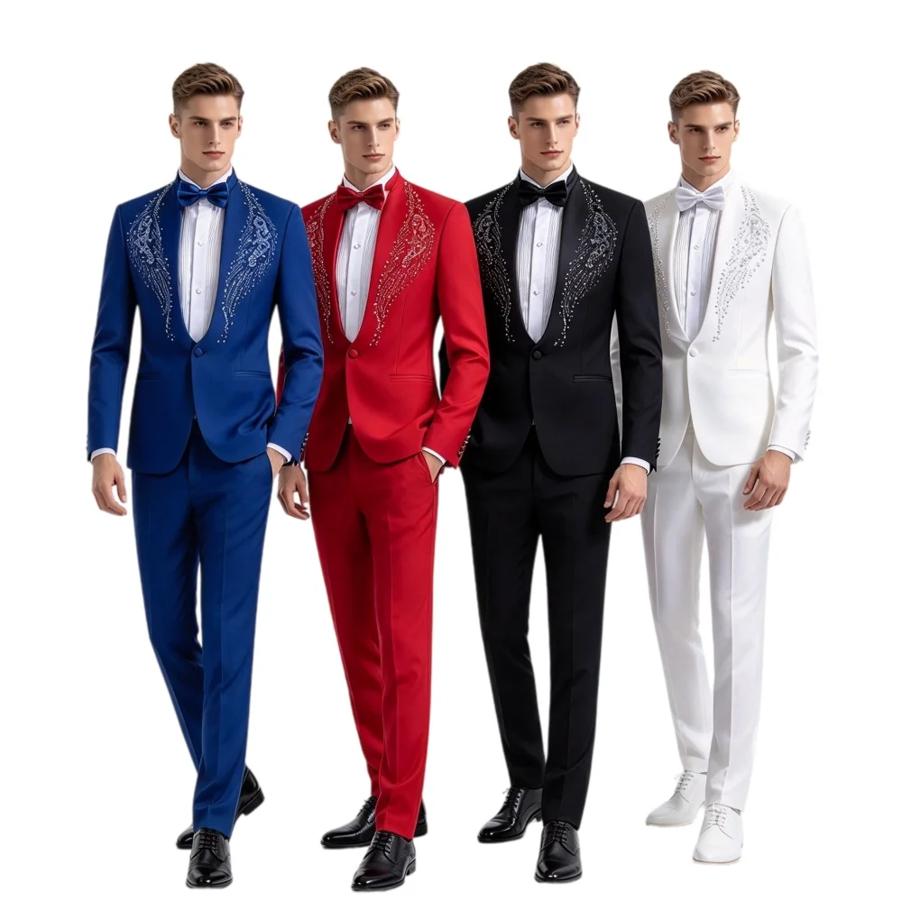 Men's Stand Collar Rhinestones Suit Fashion Embroidery Blazer Slim Set Chorus Team Singer Dancer Host Stage Costume Red Suits