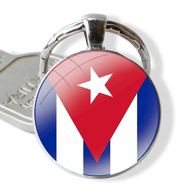 Keychain Handmade Glass Cabochon Key Ring Holder Pendant Key Chains Cartoon Creative Fashion Design Cuban Cuba Flag